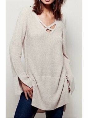 Free People Criss Cross V-Neck Tunic Sweater Tan